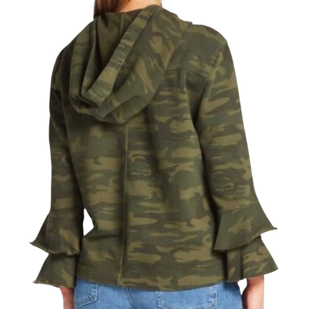 Sanctuary Hooded Jacket Size M Olive Green Camo Full Zip Ruffle Sleeve Hoodie - Picture 2 of 14